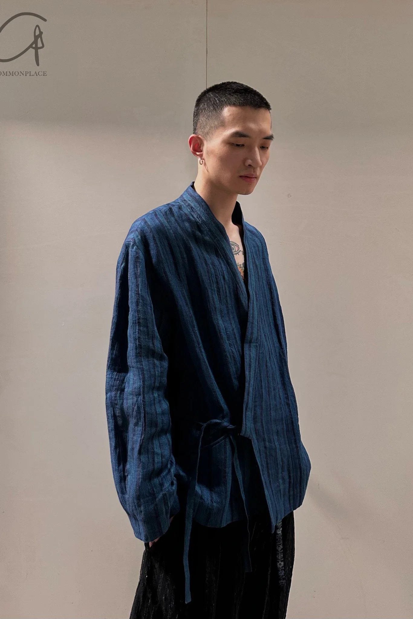 AVIVA JIFEI XUE Indigo Stripe Linen Short Kimono Jacket A21-KJS Reversible Indigo Stripe Linen Short Kimono Jacket - Image 16