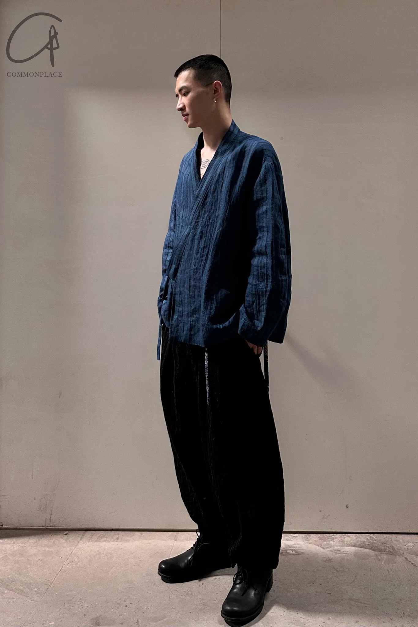 AVIVA JIFEI XUE Indigo Stripe Linen Short Kimono Jacket A21-KJS Reversible Indigo Stripe Linen Short Kimono Jacket - Image 17
