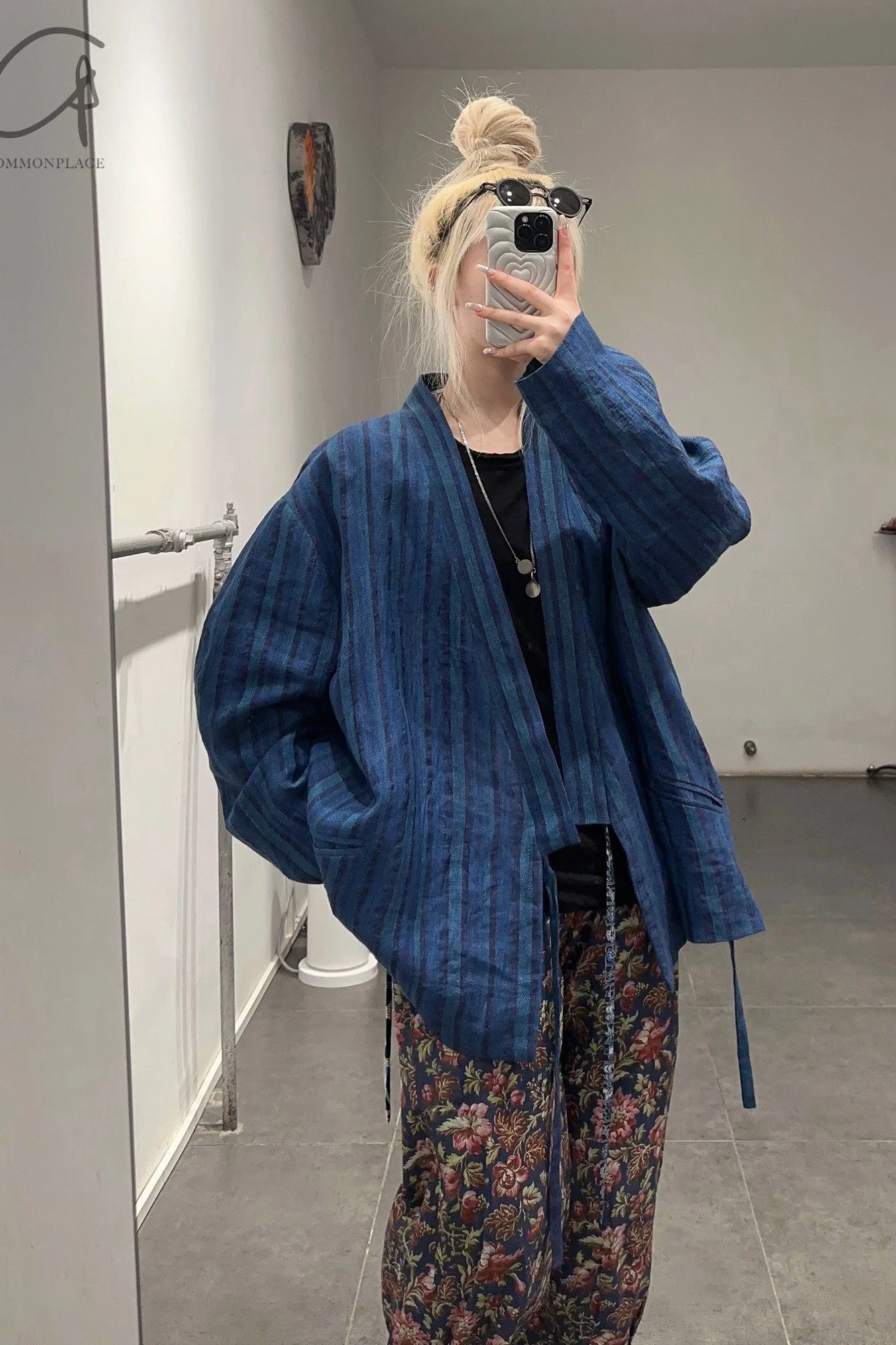 AVIVA JIFEI XUE Indigo Stripe Linen Short Kimono Jacket A21-KJS Reversible Indigo Stripe Linen Short Kimono Jacket - Image 22