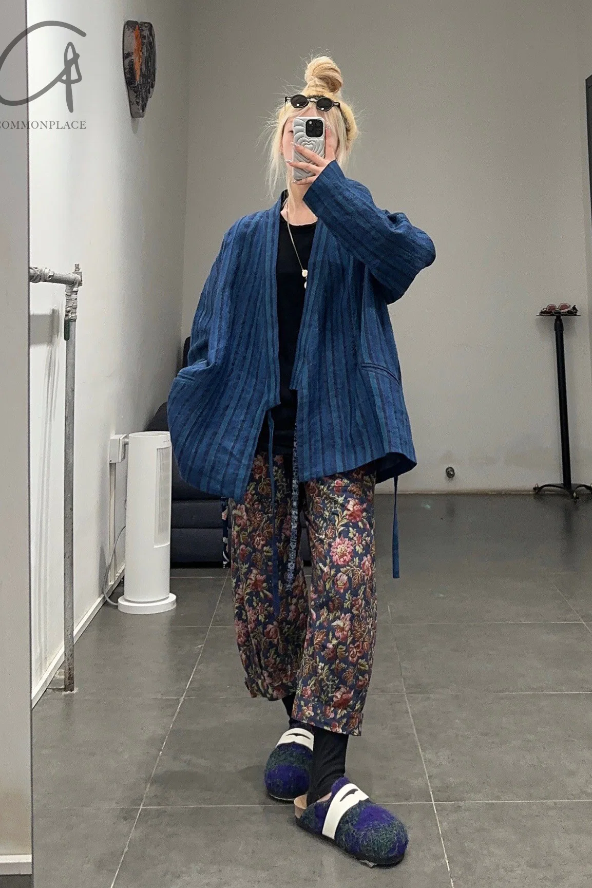 AVIVA JIFEI XUE Indigo Stripe Linen Short Kimono Jacket A21-KJS Reversible Indigo Stripe Linen Short Kimono Jacket - Image 26