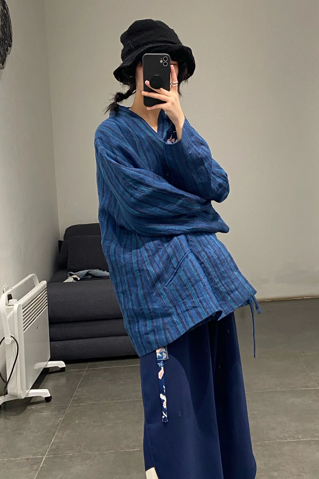 AVIVA JIFEI XUE Indigo Stripe Linen Short Kimono Jacket A21-KJS Reversible Indigo Stripe Linen Short Kimono Jacket - Image 27