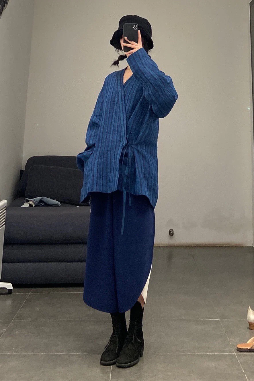 AVIVA JIFEI XUE Indigo Stripe Linen Short Kimono Jacket A21-KJS Reversible Indigo Stripe Linen Short Kimono Jacket - Image 28