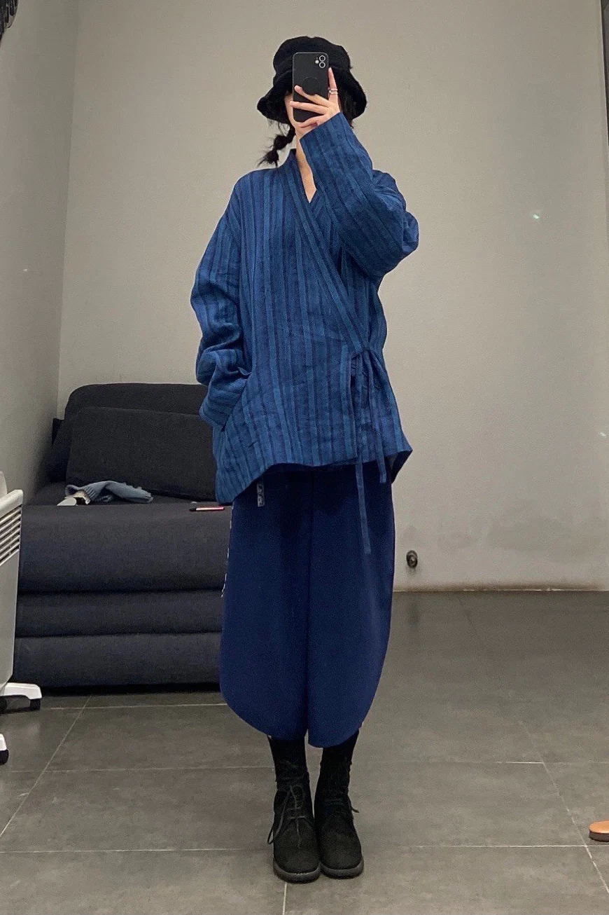 AVIVA JIFEI XUE Indigo Stripe Linen Short Kimono Jacket A21-KJS Reversible Indigo Stripe Linen Short Kimono Jacket - Image 29