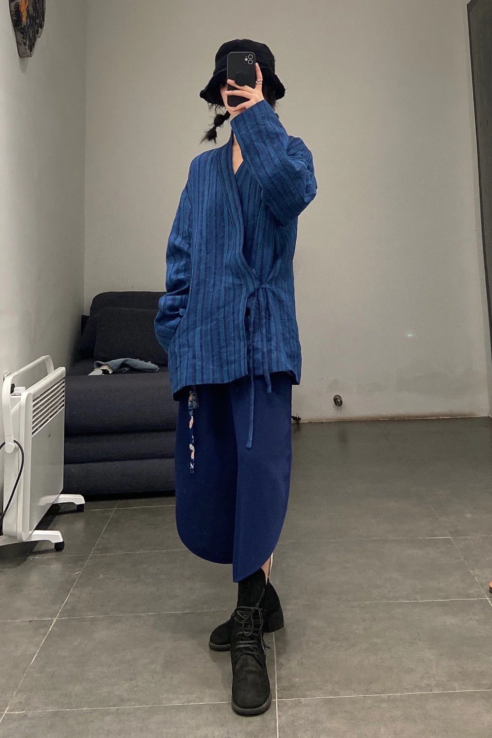 AVIVA JIFEI XUE Indigo Stripe Linen Short Kimono Jacket A21-KJS Reversible Indigo Stripe Linen Short Kimono Jacket - Image 30