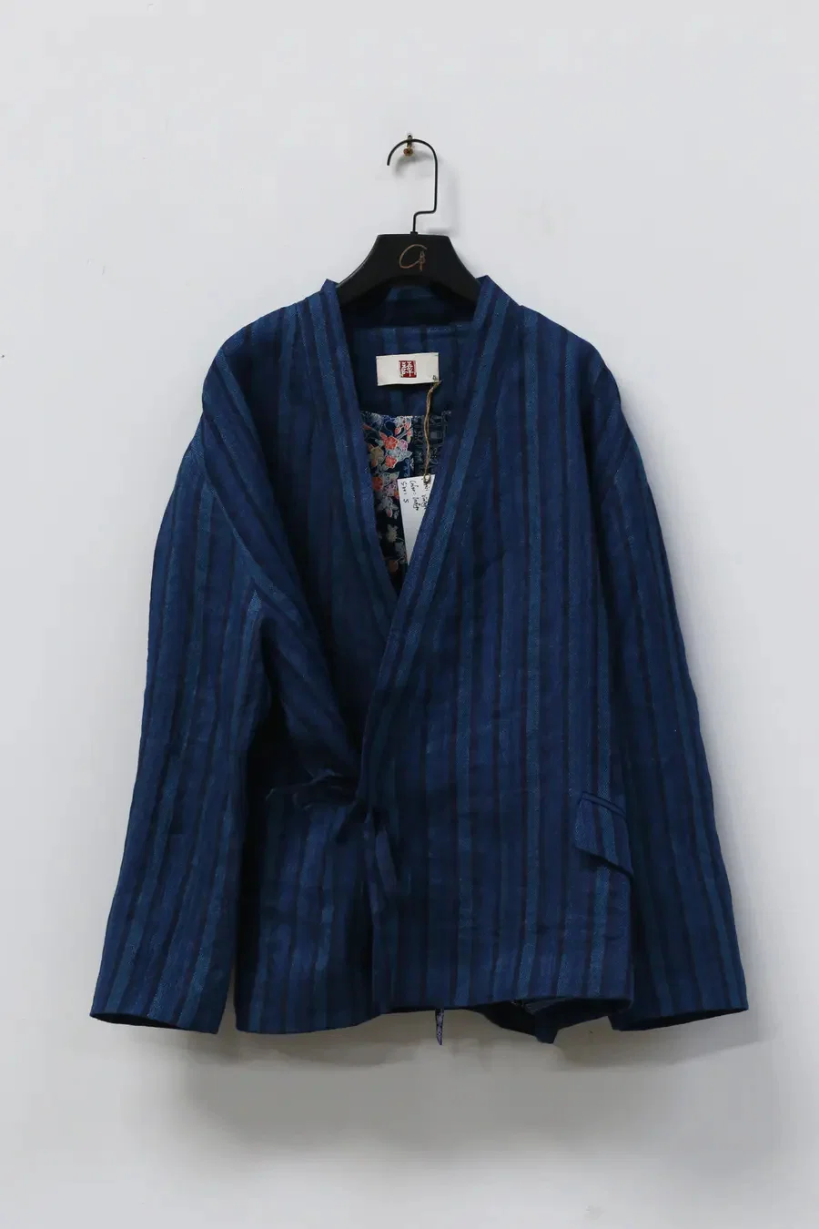 AVIVA JIFEI XUE Indigo Stripe Linen Short Kimono Jacket A21-KJS Reversible Indigo Stripe Linen Short Kimono Jacket - Image 7
