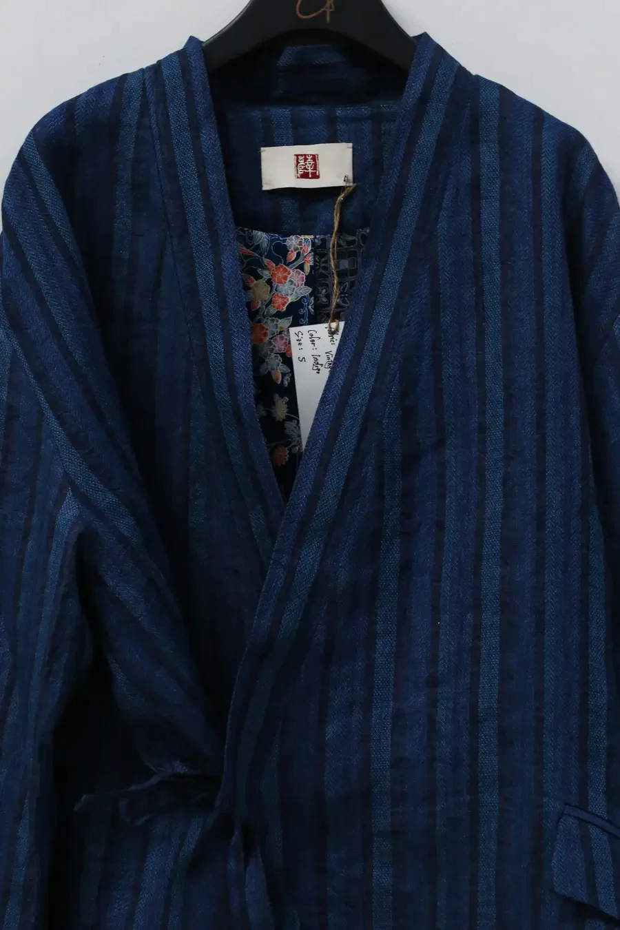 AVIVA JIFEI XUE Indigo Stripe Linen Short Kimono Jacket A21-KJS Reversible Indigo Stripe Linen Short Kimono Jacket - Image 8
