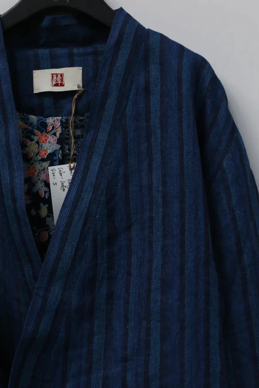 AVIVA JIFEI XUE Indigo Stripe Linen Short Kimono Jacket A21-KJS Reversible Indigo Stripe Linen Short Kimono Jacket - Image 9