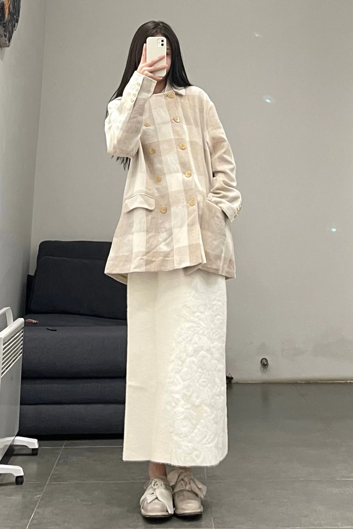 AVIVA JIFEI XUE A21-DBJ Vintage Deer Hair Blend Beige Check Double Breasted Leisure - Image 11