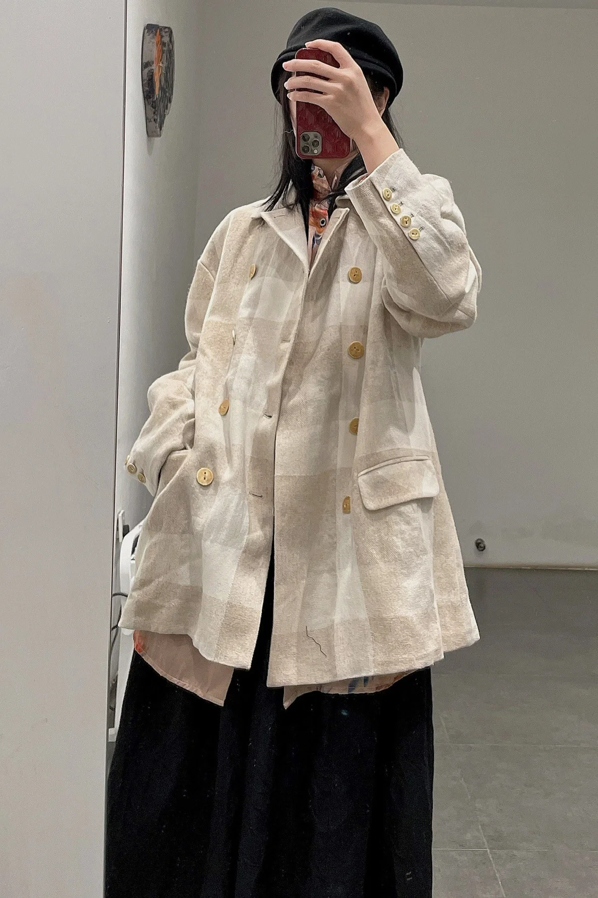 AVIVA JIFEI XUE A21-DBJ Vintage Deer Hair Blend Beige Check Double Breasted Leisure - Image 14