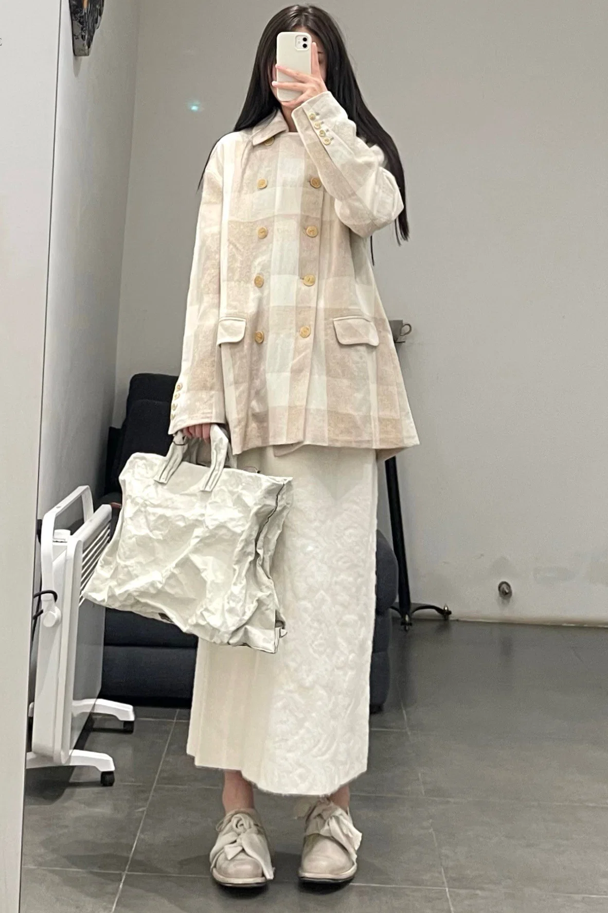 AVIVA JIFEI XUE A21-DBJ Vintage Deer Hair Blend Beige Check Double Breasted Leisure - Image 8