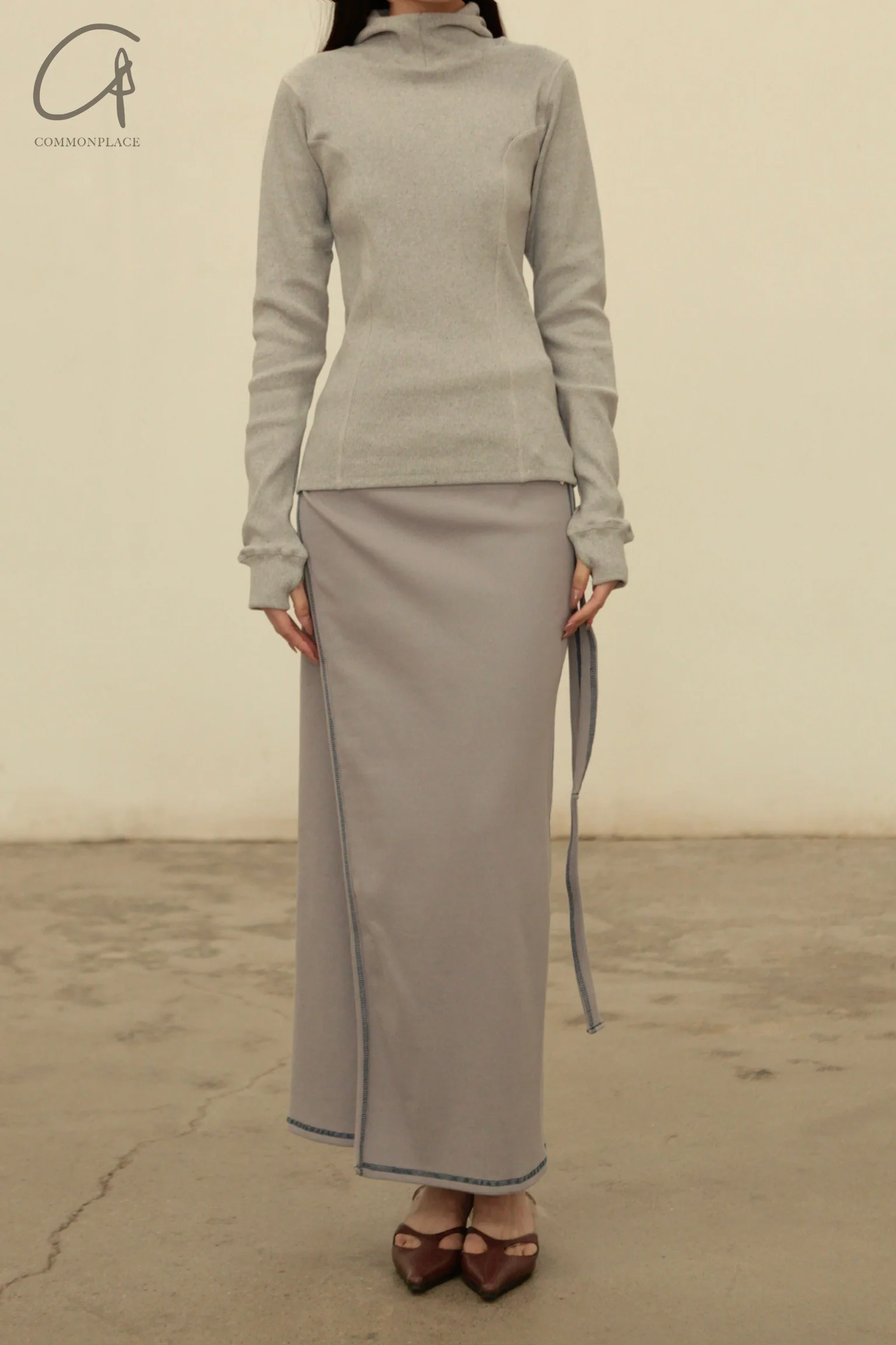 BASERANGE Cotton and Linen Ribbed Wrap Skirt Portugal BAS-SKGW-CH-WI24-HL Gray Blue - Image 2