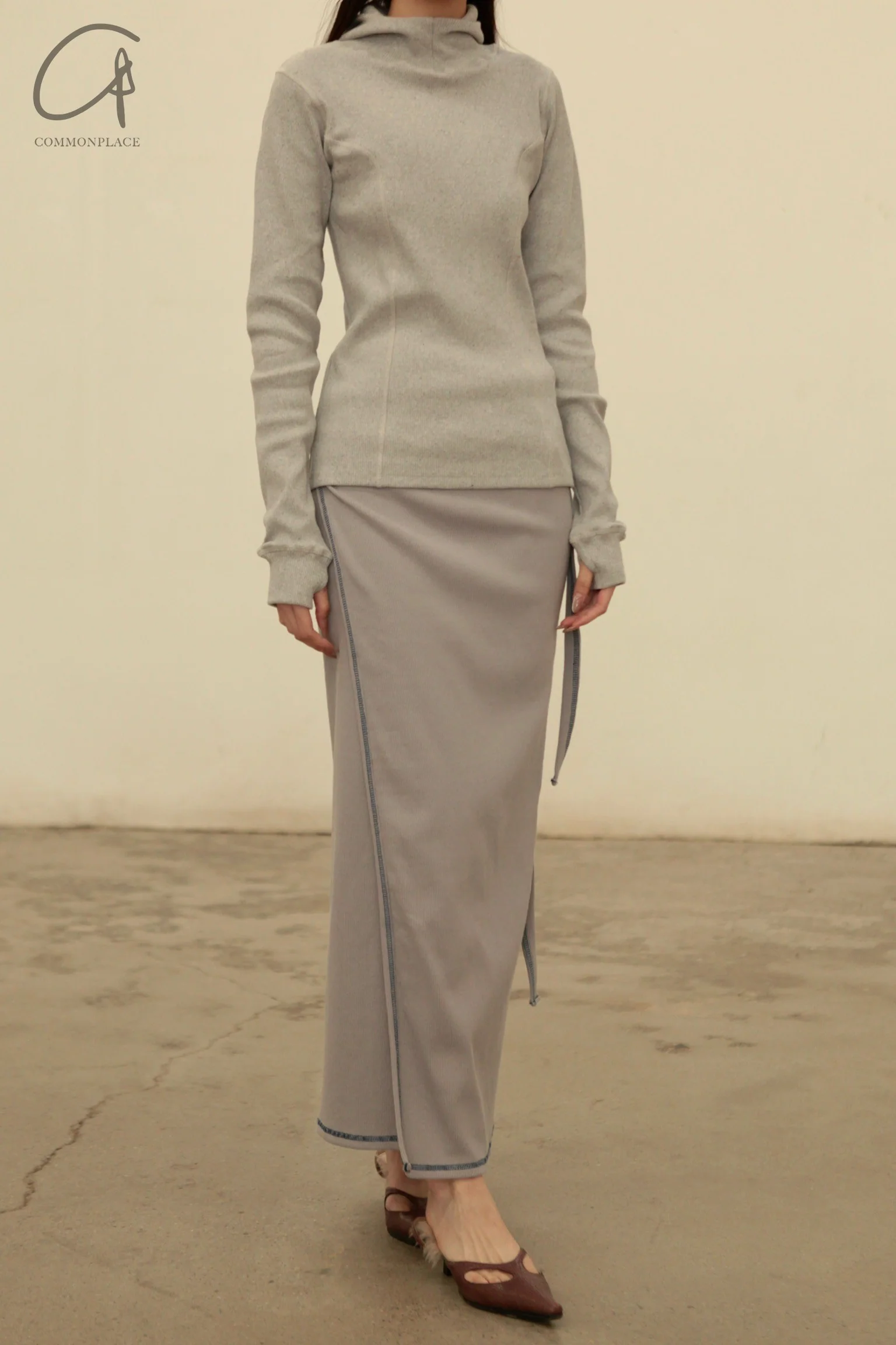 BASERANGE Cotton and Linen Ribbed Wrap Skirt Portugal BAS-SKGW-CH-WI24-HL Gray Blue - Image 3
