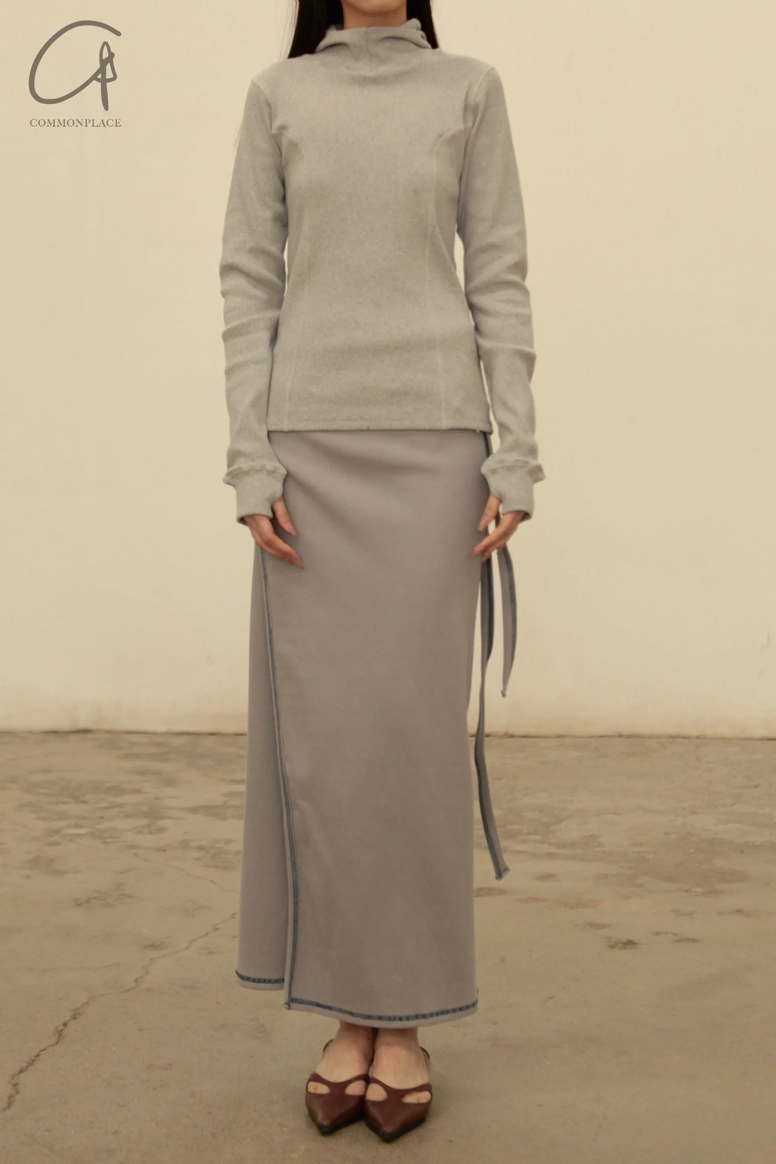 BASERANGE Cotton and Linen Ribbed Wrap Skirt Portugal BAS-SKGW-CH-WI24-HL Gray Blue - Image 5