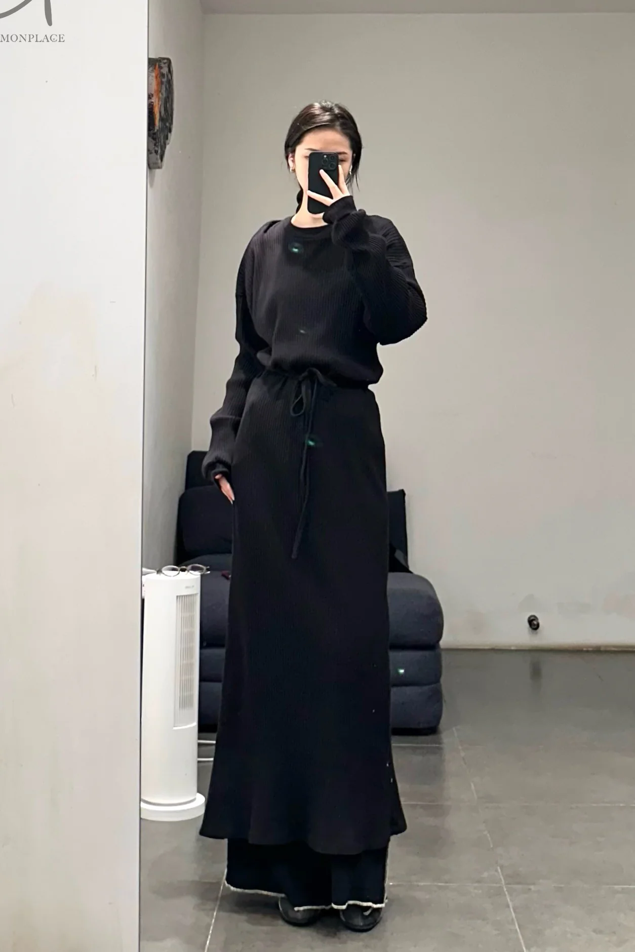 BASERANGE Long-Sleeved Dress with Drawstring Waist - DRSH Collection - Portugal - BAS-DRSH-RIB-000-HEI - Black - Image 12
