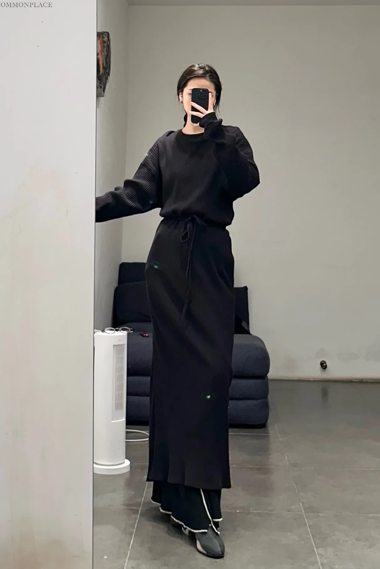 BASERANGE Long-Sleeved Dress with Drawstring Waist - DRSH Collection - Portugal - BAS-DRSH-RIB-000-HEI - Black - Image 13
