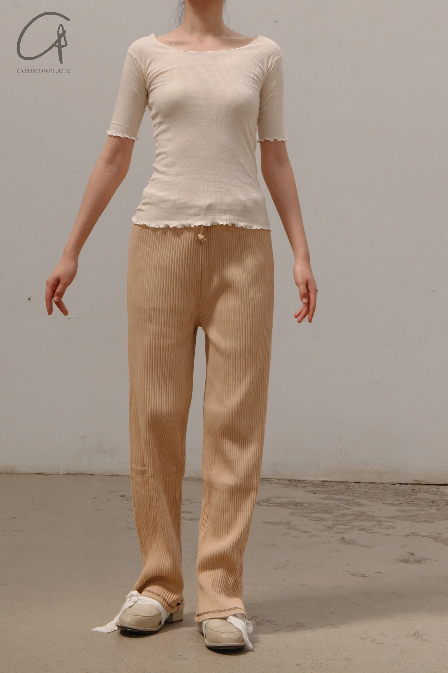 BASERANGE Round neck ruffled ribbed cotton T-shirt TOPA series collection France BAS-TOPA-WA-WI22-MIBAI Off-white TOPA-RB-000 - Image 2