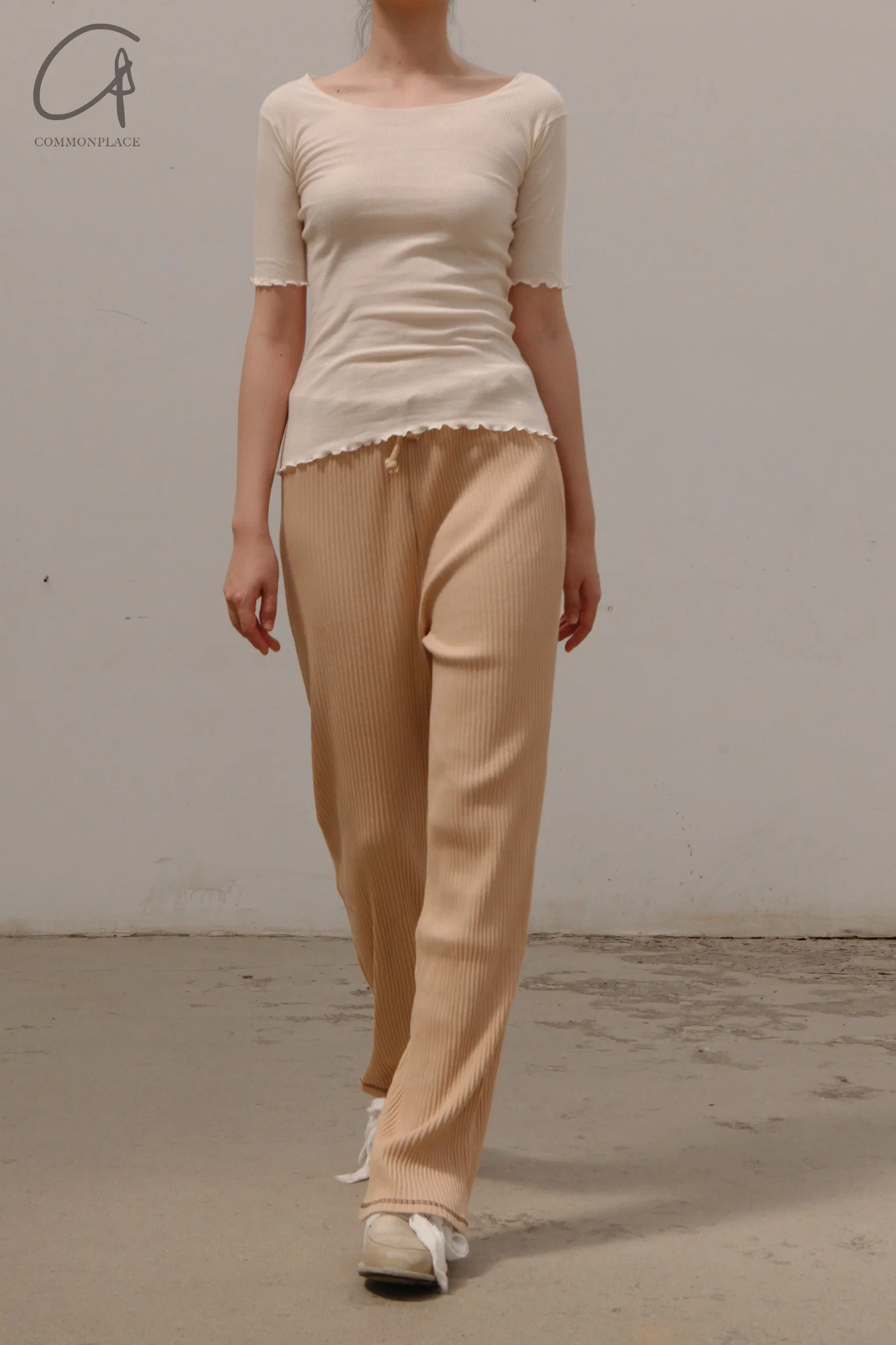 BASERANGE Round neck ruffled ribbed cotton T-shirt TOPA series collection France BAS-TOPA-WA-WI22-MIBAI Off-white TOPA-RB-000 - Image 3