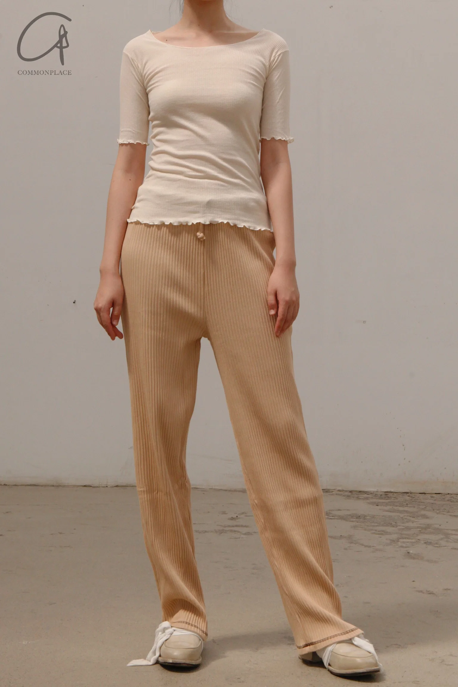 BASERANGE Round neck ruffled ribbed cotton T-shirt TOPA series collection France BAS-TOPA-WA-WI22-MIBAI Off-white TOPA-RB-000 - Image 4