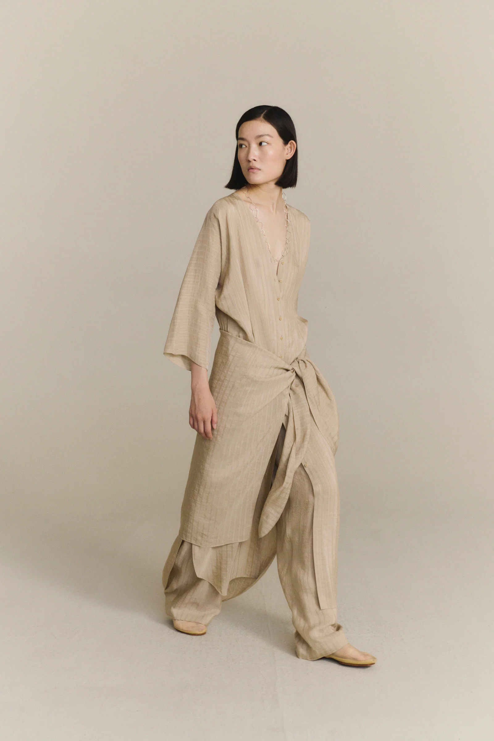 Cortana 25 Early Autumn Eloise Dress, Spain, CTN-PS26-A3859-BEIGE JACQUARD STRIPES - Image 3