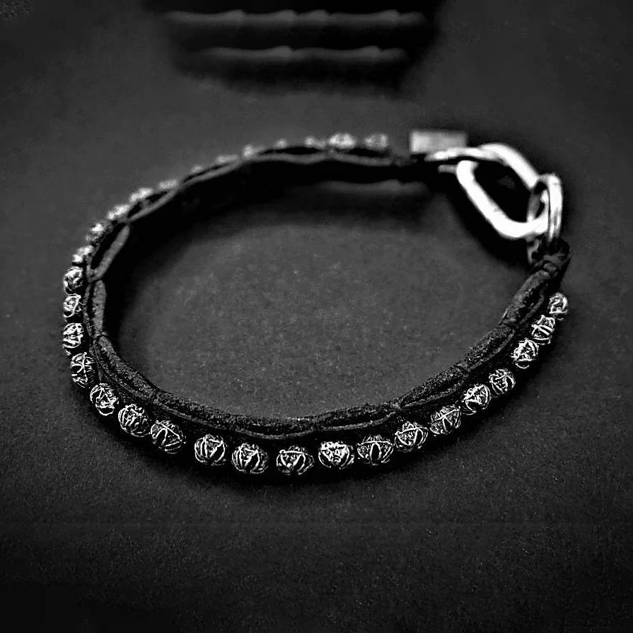 GOTI BR1262 Black Horse Leather Bead Bracelet, 925 Sterling Silver, Italian Handmade, GT-BR1262-0 - Image 2