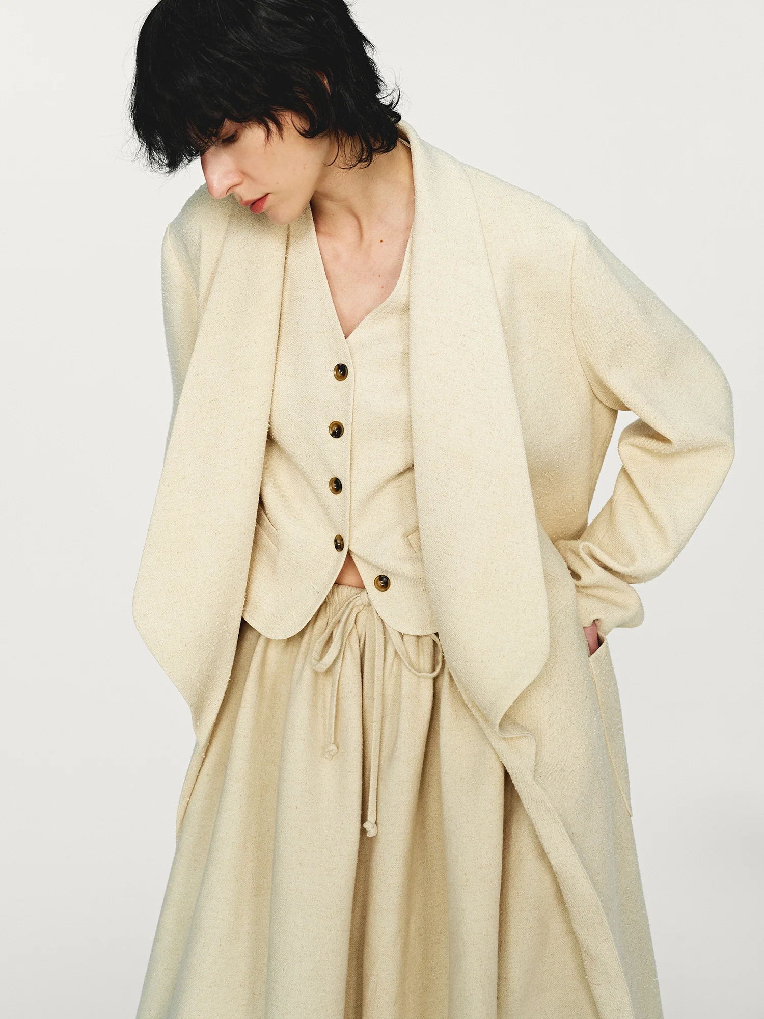 INTO THE EAST 2025 Autumn/Winter Ivory White Textured V-neck Vest/Lantern Pants ITE-E1DGAW100IY20VE-XYB Vest - Image 15