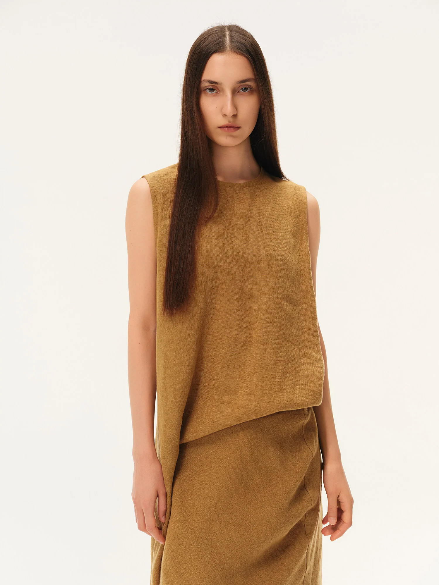INTO THE EAST 2026 Spring/Summer: Asymmetrical Long Top / Tie-up Short-sleeved Top / Fishtail Full Skirt ITE-E1JBSSTP20008YE-XH Apricot Yellow Top （E1JBSSTP20008BGE） - Image 12