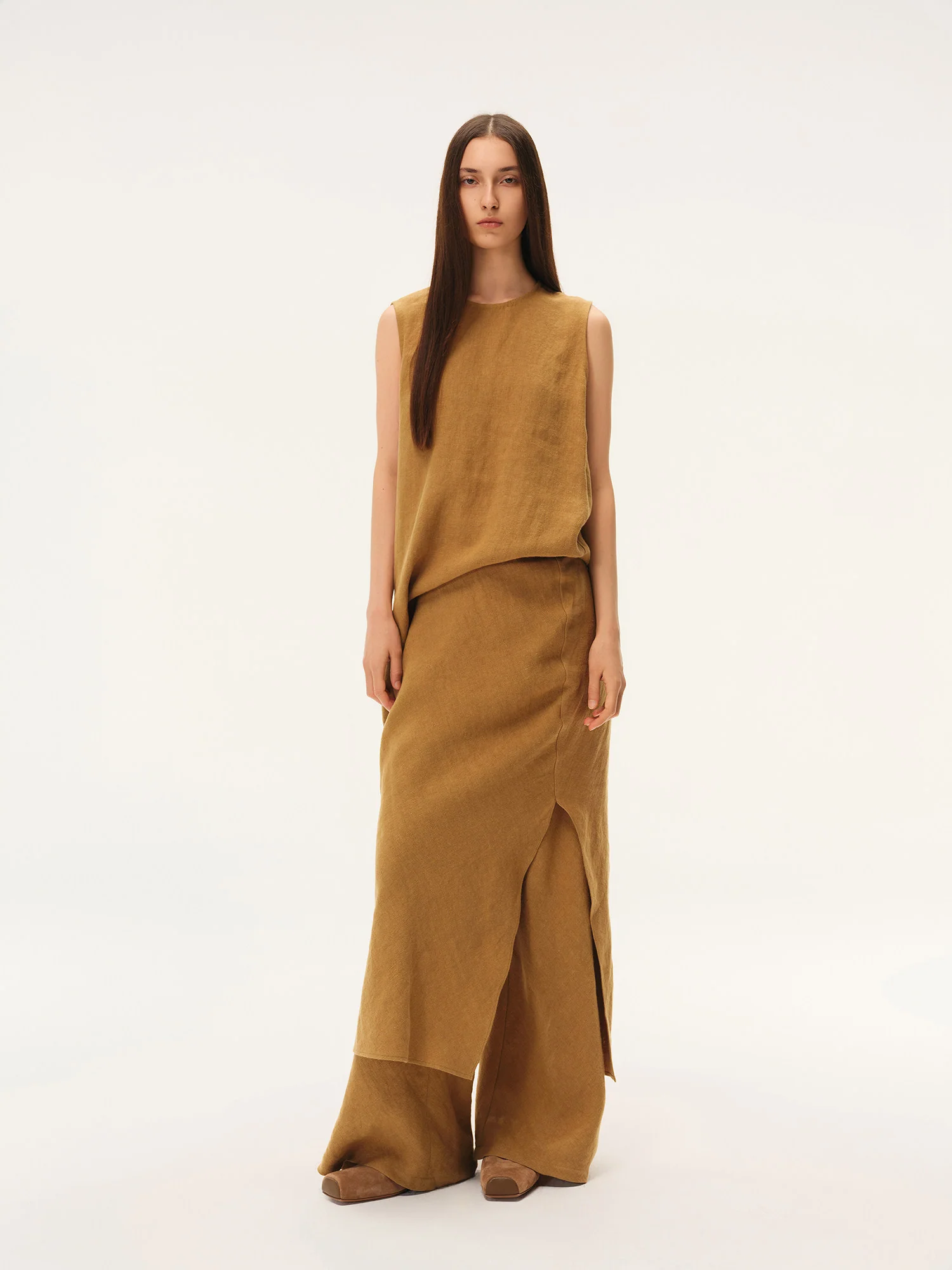 INTO THE EAST 2026 Spring/Summer: Asymmetrical Long Top / Tie-up Short-sleeved Top / Fishtail Full Skirt ITE-E1JBSSTP20008YE-XH Apricot Yellow Top （E1JBSSTP20008BGE） - Image 13