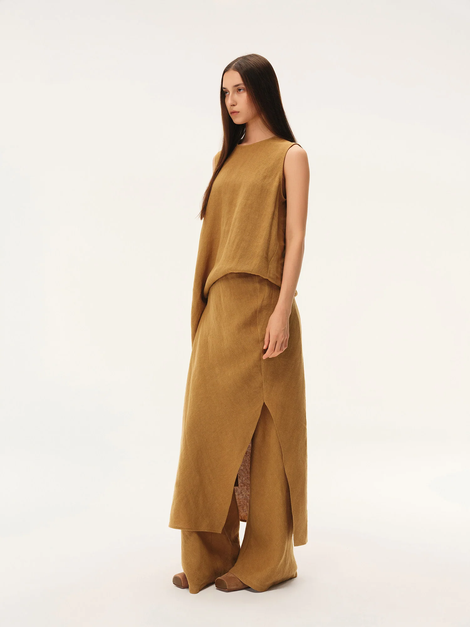 INTO THE EAST 2026 Spring/Summer: Asymmetrical Long Top / Tie-up Short-sleeved Top / Fishtail Full Skirt ITE-E1JBSSTP20008YE-XH Apricot Yellow Top （E1JBSSTP20008BGE） - Image 14