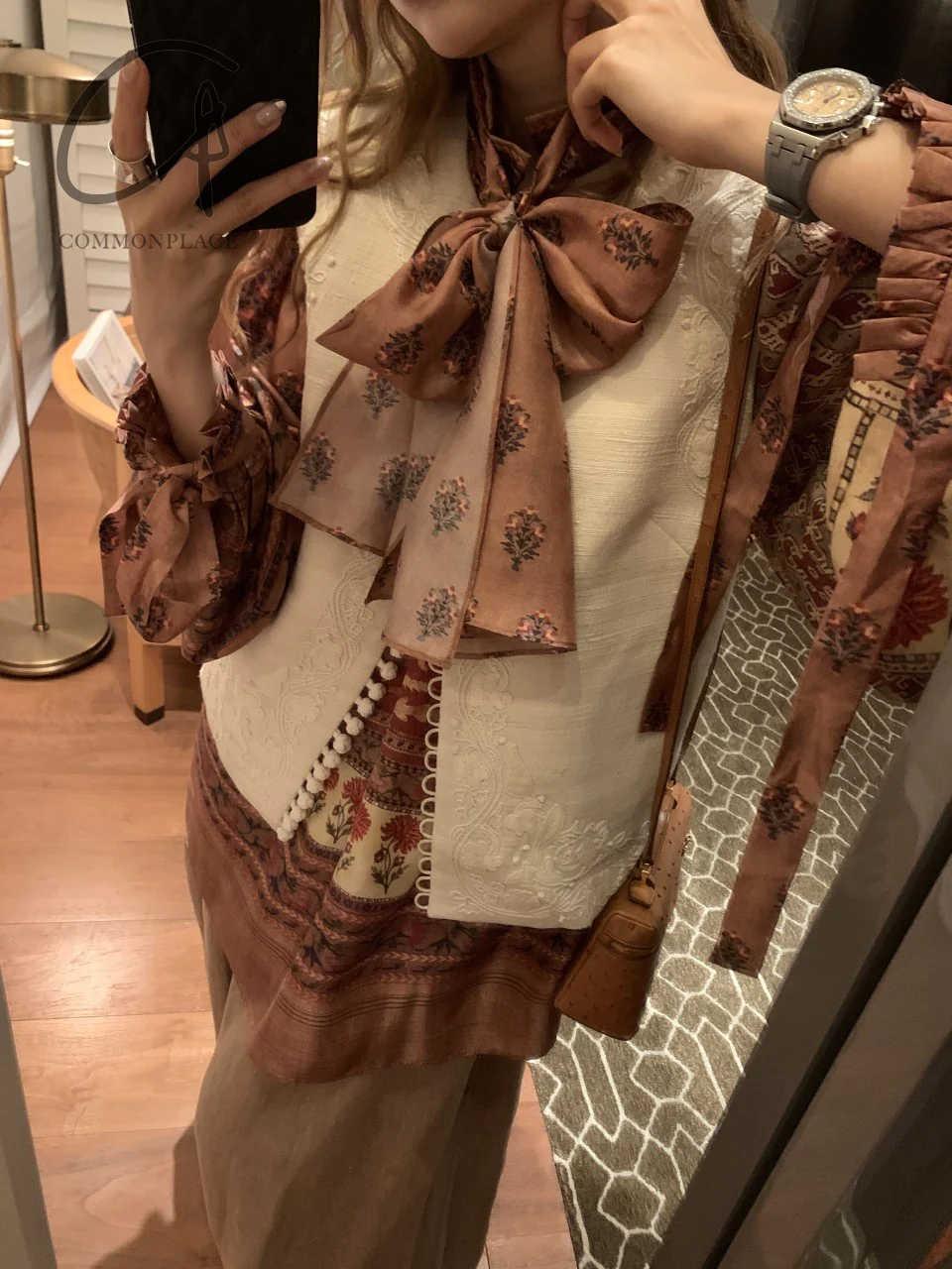 INTO THE EAST 24 Autumn and Winter Silk Print Lace-up Shirt ITE-E1YGAW002NCC21TP-YH Print - Image 46