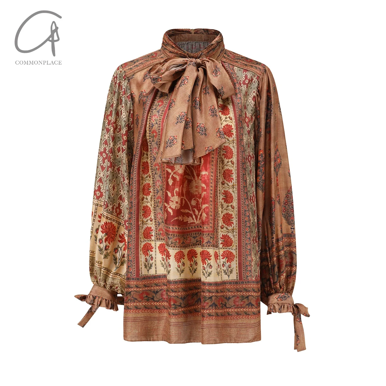 INTO THE EAST 24 Autumn and Winter Silk Print Lace-up Shirt ITE-E1YGAW002NCC21TP-YH Print - Image 6