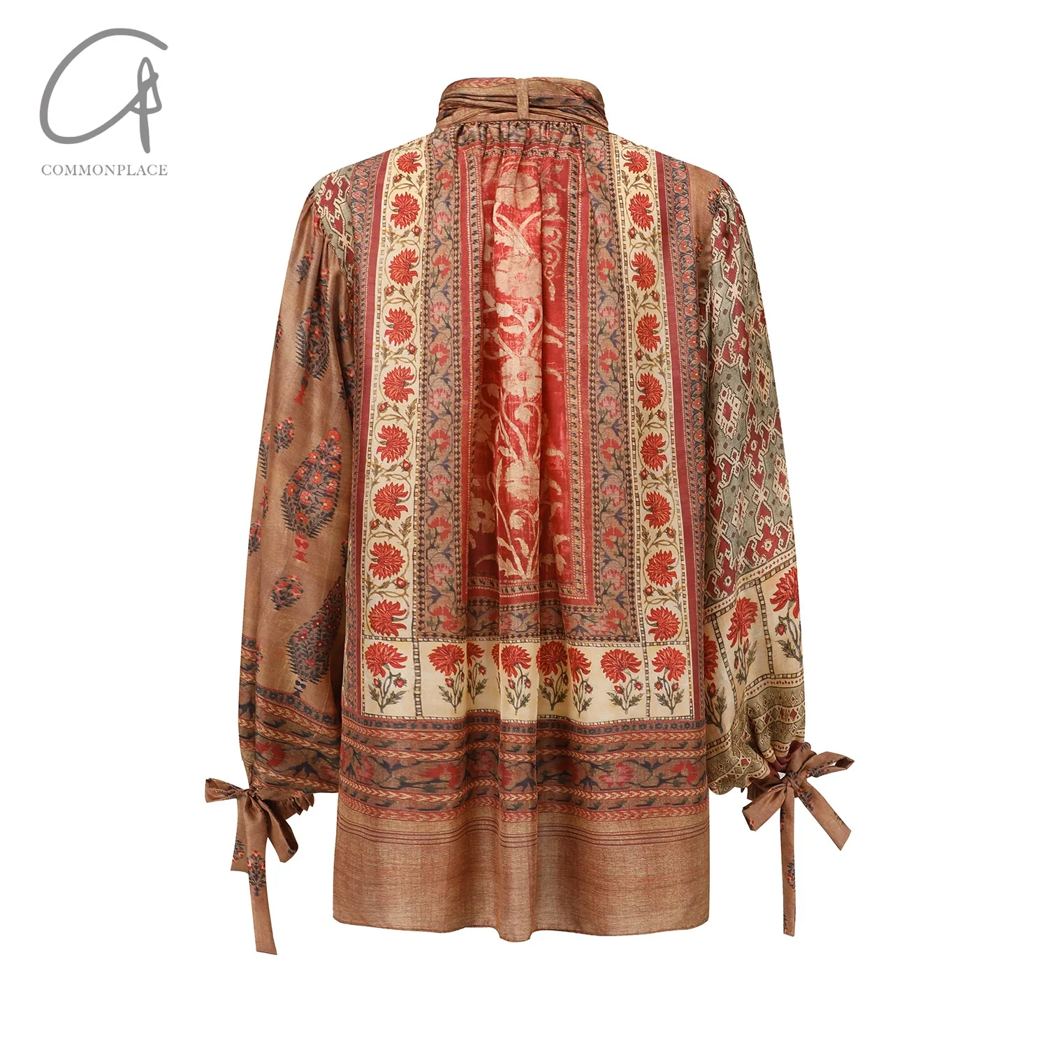 INTO THE EAST 24 Autumn and Winter Silk Print Lace-up Shirt ITE-E1YGAW002NCC21TP-YH Print - Image 7