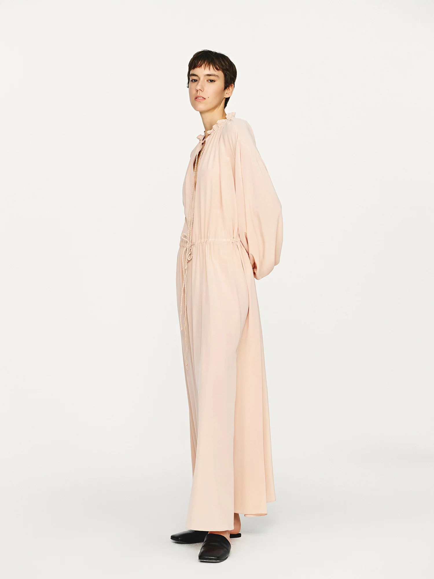 INTO THE EAST 25 Autumn and Winter Pink Lace Drawstring Collar Silk Dress ITE-E1DGAW023PK20DS-FEN Pink - Image 10