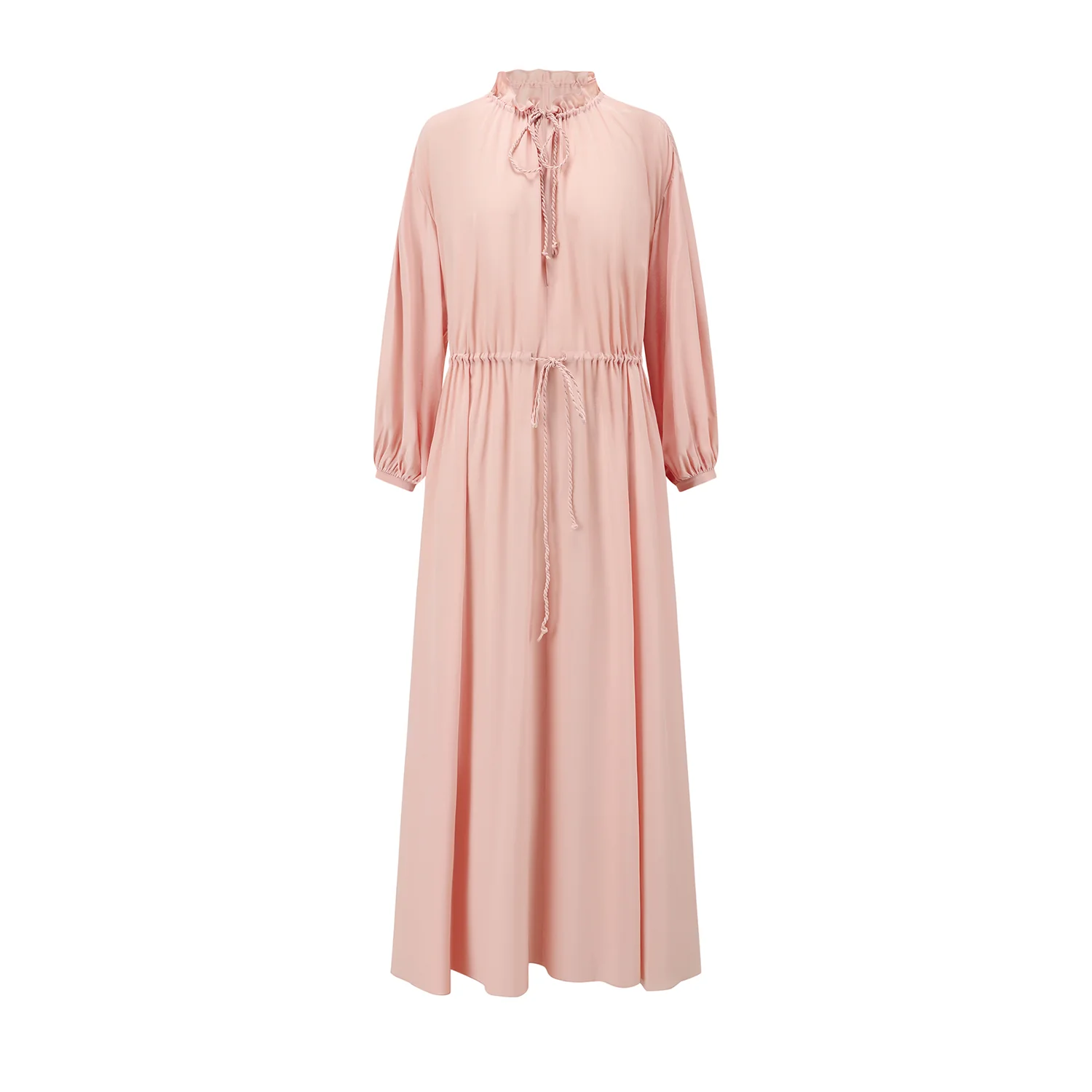 INTO THE EAST 25 Autumn and Winter Pink Lace Drawstring Collar Silk Dress ITE-E1DGAW023PK20DS-FEN Pink - Image 4