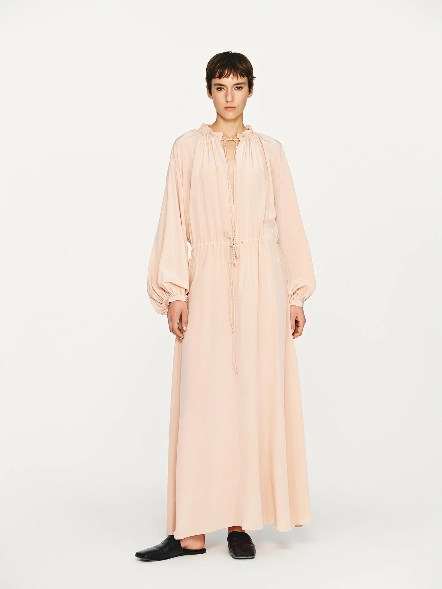 INTO THE EAST 25 Autumn and Winter Pink Lace Drawstring Collar Silk Dress ITE-E1DGAW023PK20DS-FEN Pink - Image 9