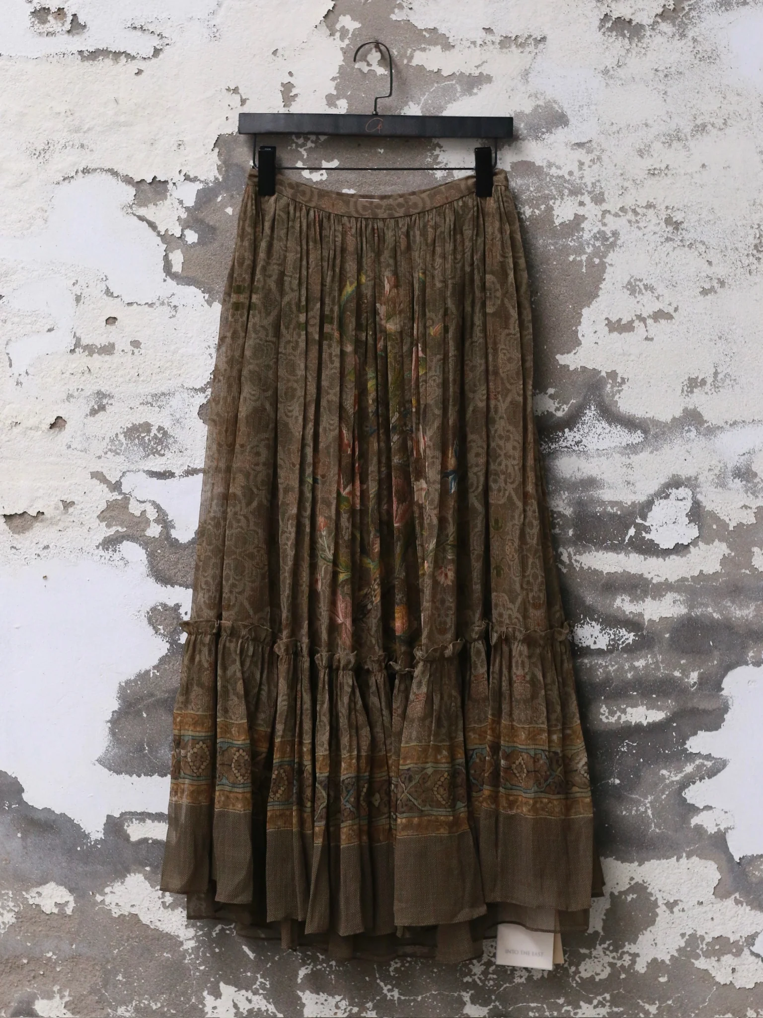 INTO THE EAST 25 Autumn and Winter Silk Print Lace Skirt ITE-E1DGAW154GR21SK-LV Green - Image 6