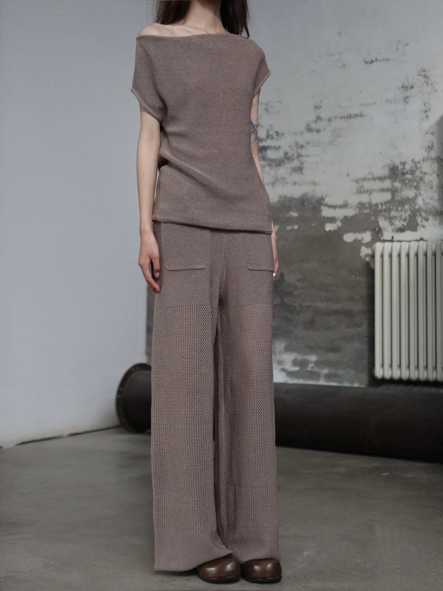 INTO THE EAST 25 Autumn/Winter Khaki/Black Knitted Hollow Straight Pants ITE-E1DGSS020GY20PT-KQH Khaki (E1DGSS027CM20PT) - Image 9