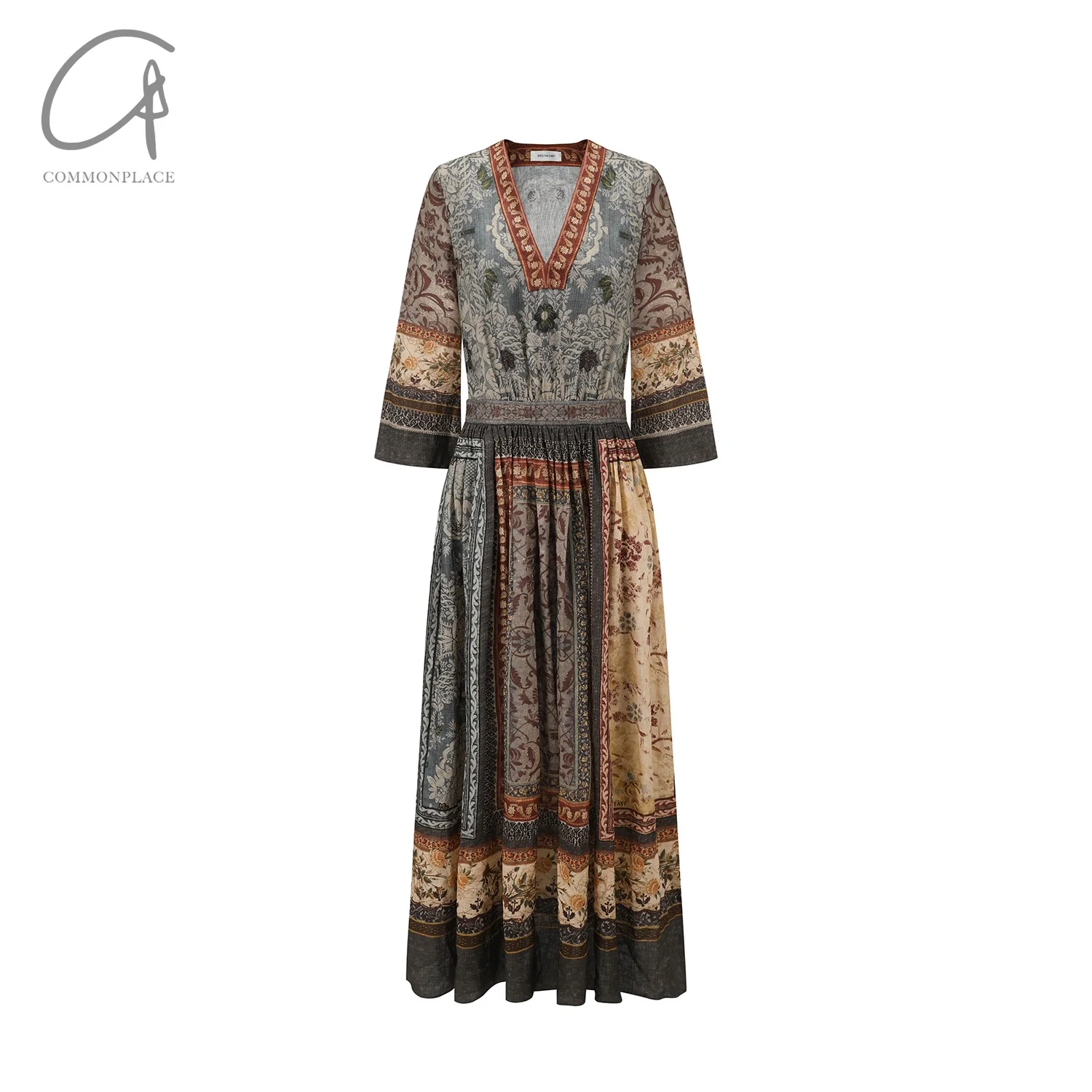 INTO THE EAST 25 Spring/Summer Ramie Print V-Neck Dress with Sleeves ITE-E1DGSS002NCC21DS-HUA Print - Image 5