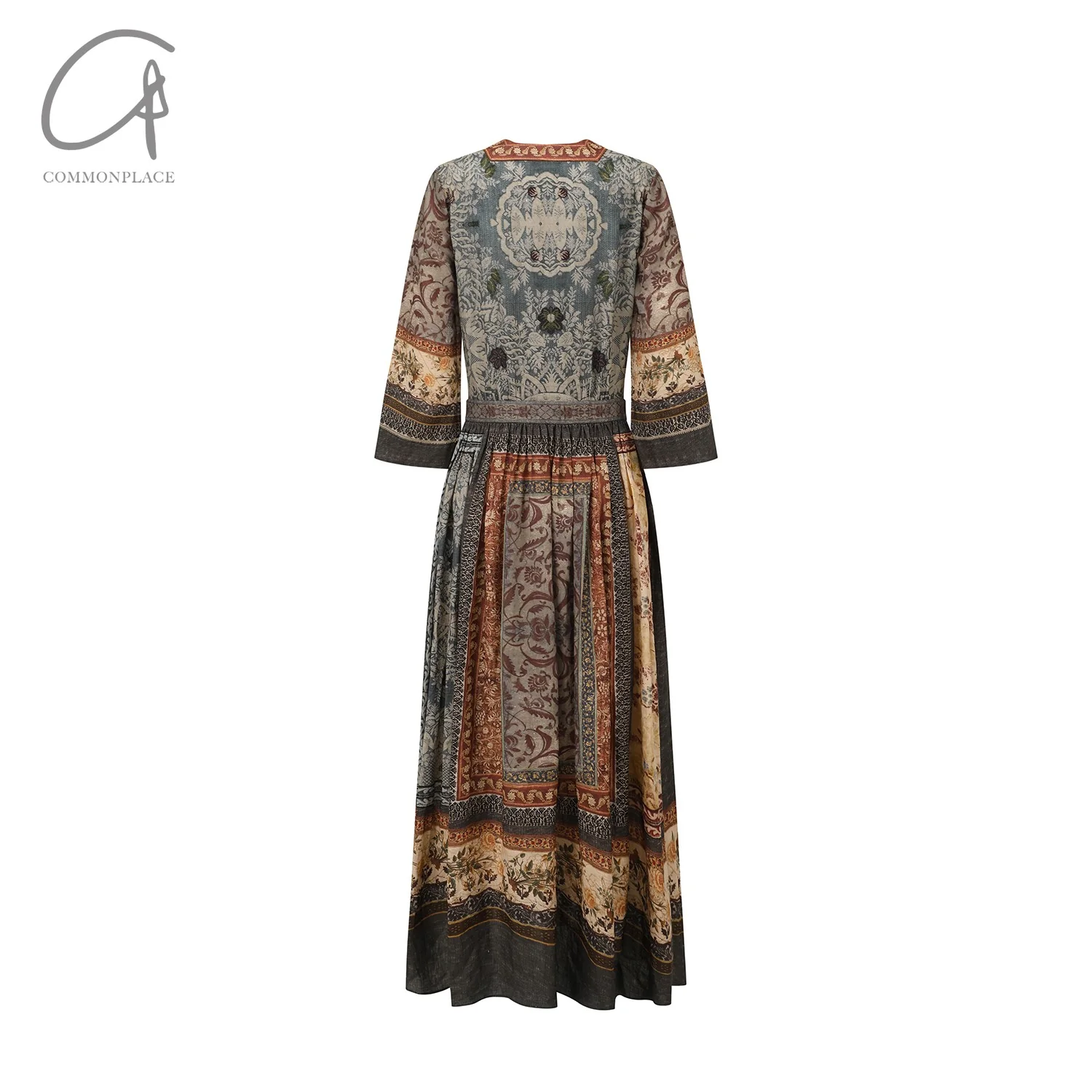 INTO THE EAST 25 Spring/Summer Ramie Print V-Neck Dress with Sleeves ITE-E1DGSS002NCC21DS-HUA Print - Image 6