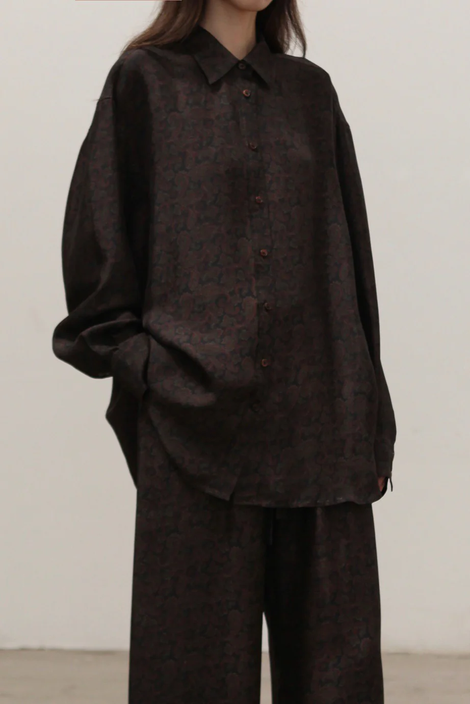 INTO THE EAST Dark Brown Paisley Silk Shirt / Straight Pants ITE-E1DGSC001NCC21SH-HUA Tops - Image 2