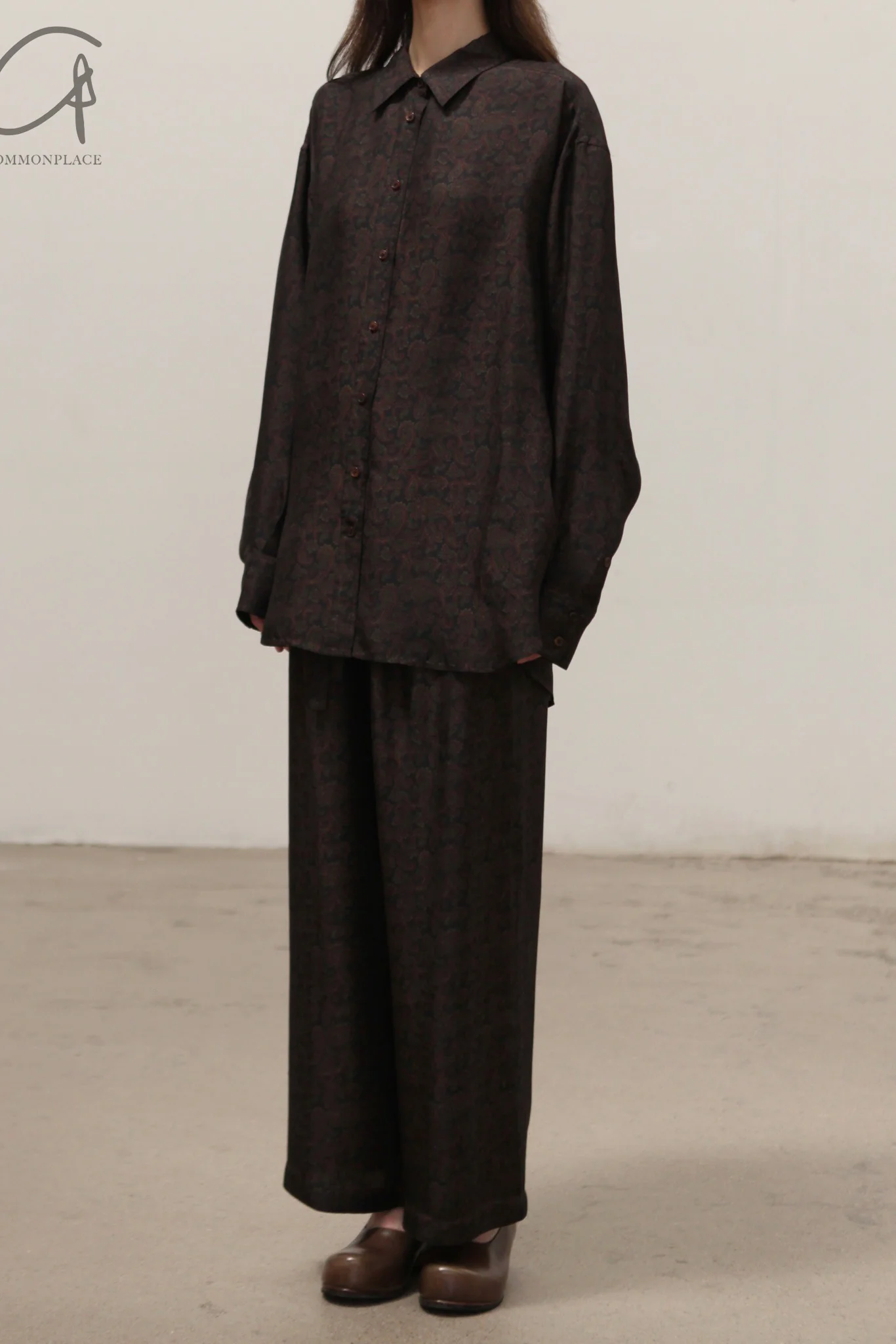 INTO THE EAST Dark Brown Paisley Silk Shirt / Straight Pants ITE-E1DGSC001NCC21SH-HUA Tops - Image 4