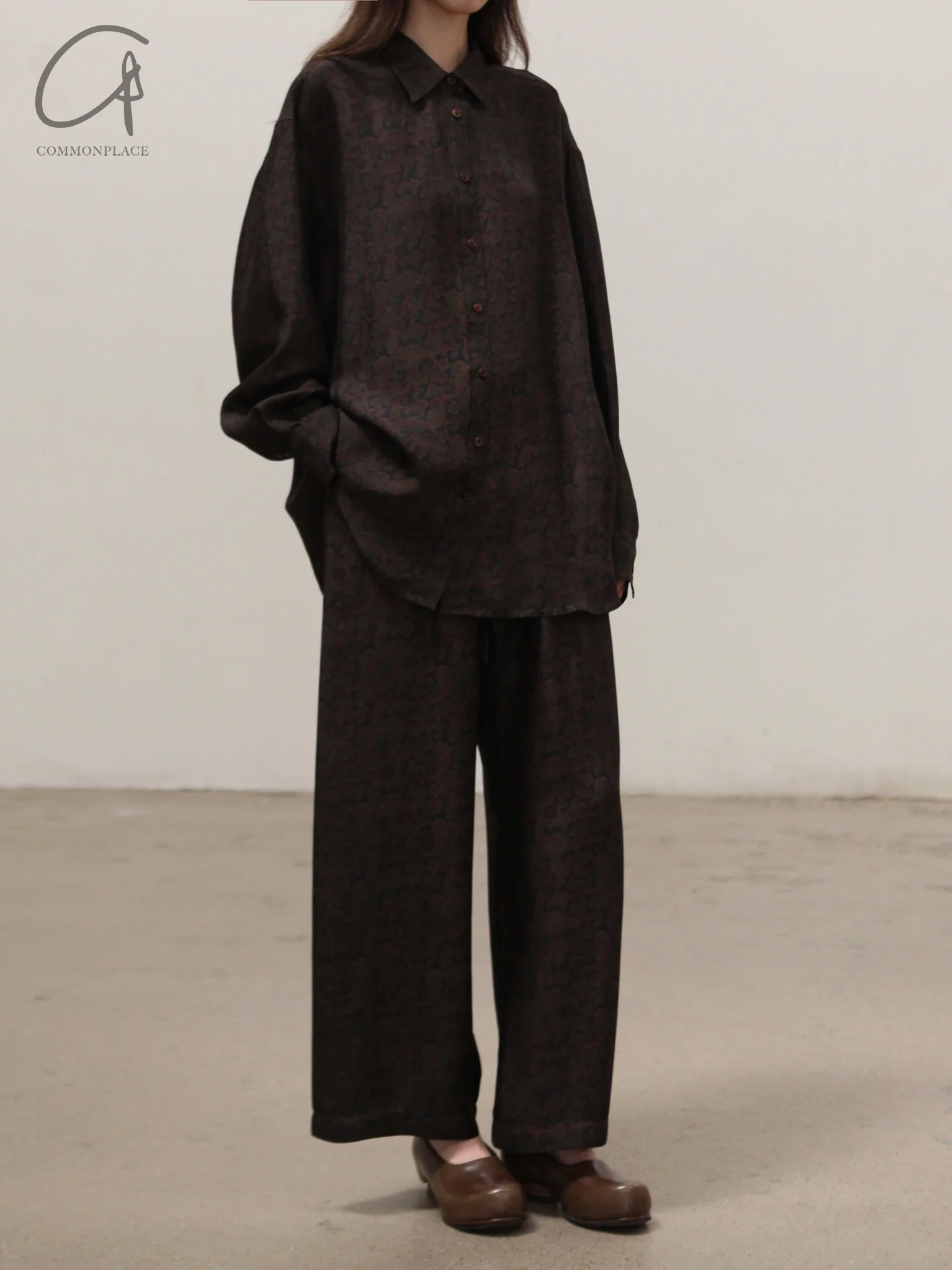 INTO THE EAST Dark Brown Paisley Silk Shirt / Straight Pants ITE-E1DGSC003NCC21PT-HUA Pants (E1DGSC001NCC21SH) - Image 3