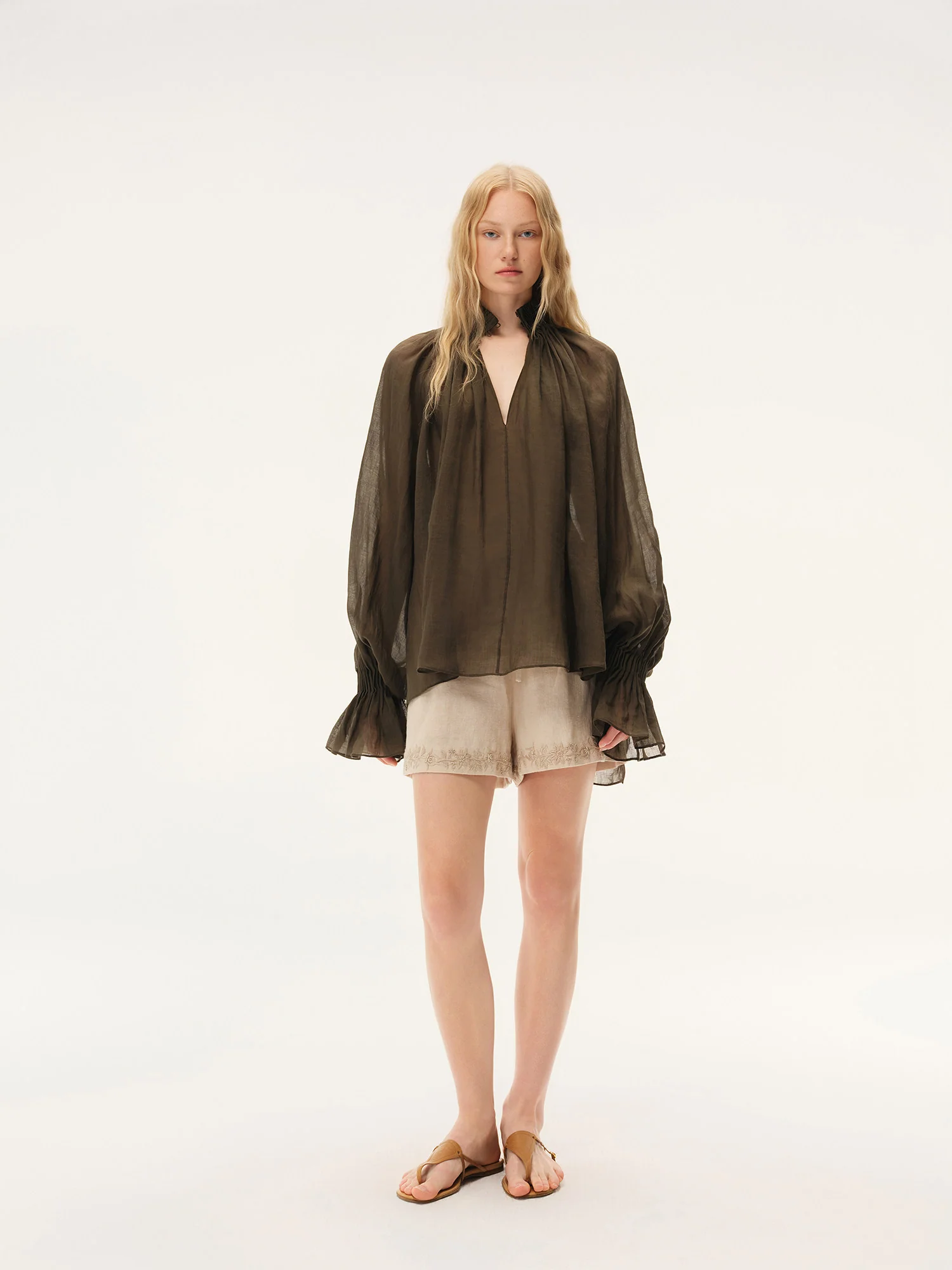 INTO THE EAST Spring/Summer 2026 Sheer Accordion Pleated Turtleneck Shirt ITE-E1JBSSTP20010OL-GLL Olive Green (E1JBSSTP20010CP) - Image 12