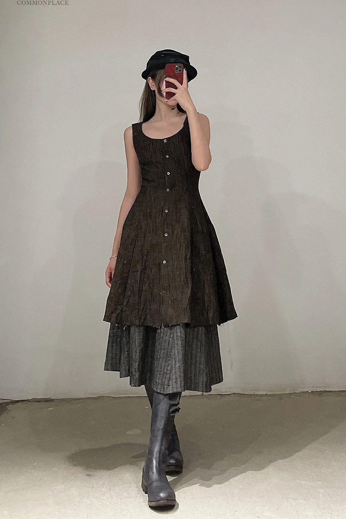 m.a+ Round Neck Short Sleeve Eight Figure Skirt D104B-CP4 Black/Curry PM202 - Image 6