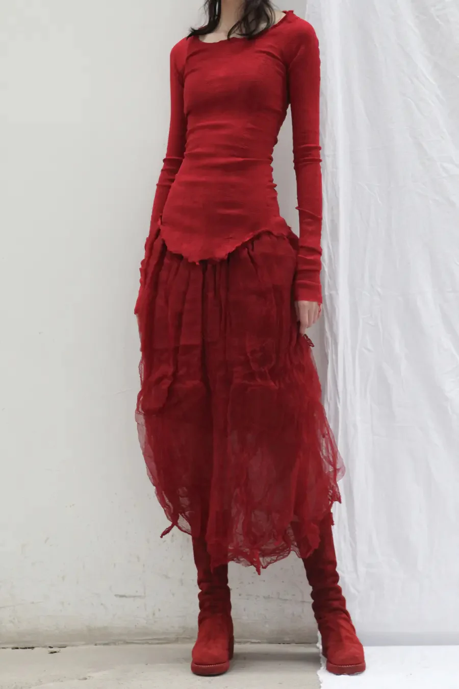 Marc Le Bihan Silk Shrink Classic Long Sleeve Base Top 26900 Series French Handmade MLB-26900-HONG Red - Image 2