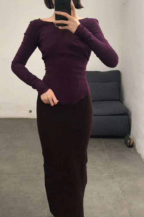 Marc Le Bihan Stretch Pleated Stretch Tube Dress or Skirt Collection MLB-25900-JIUHONG Burgundy Long Skirt 25900 25901 - Image 7