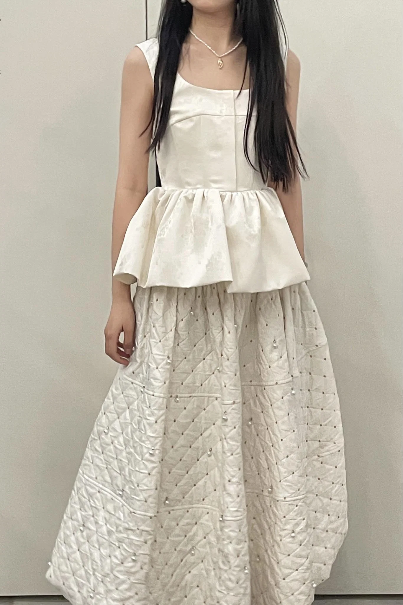 MING MA Pearl Diamond Check Jacquard Flower Bud Dress AW21 SK04-WTJAC - Image 2