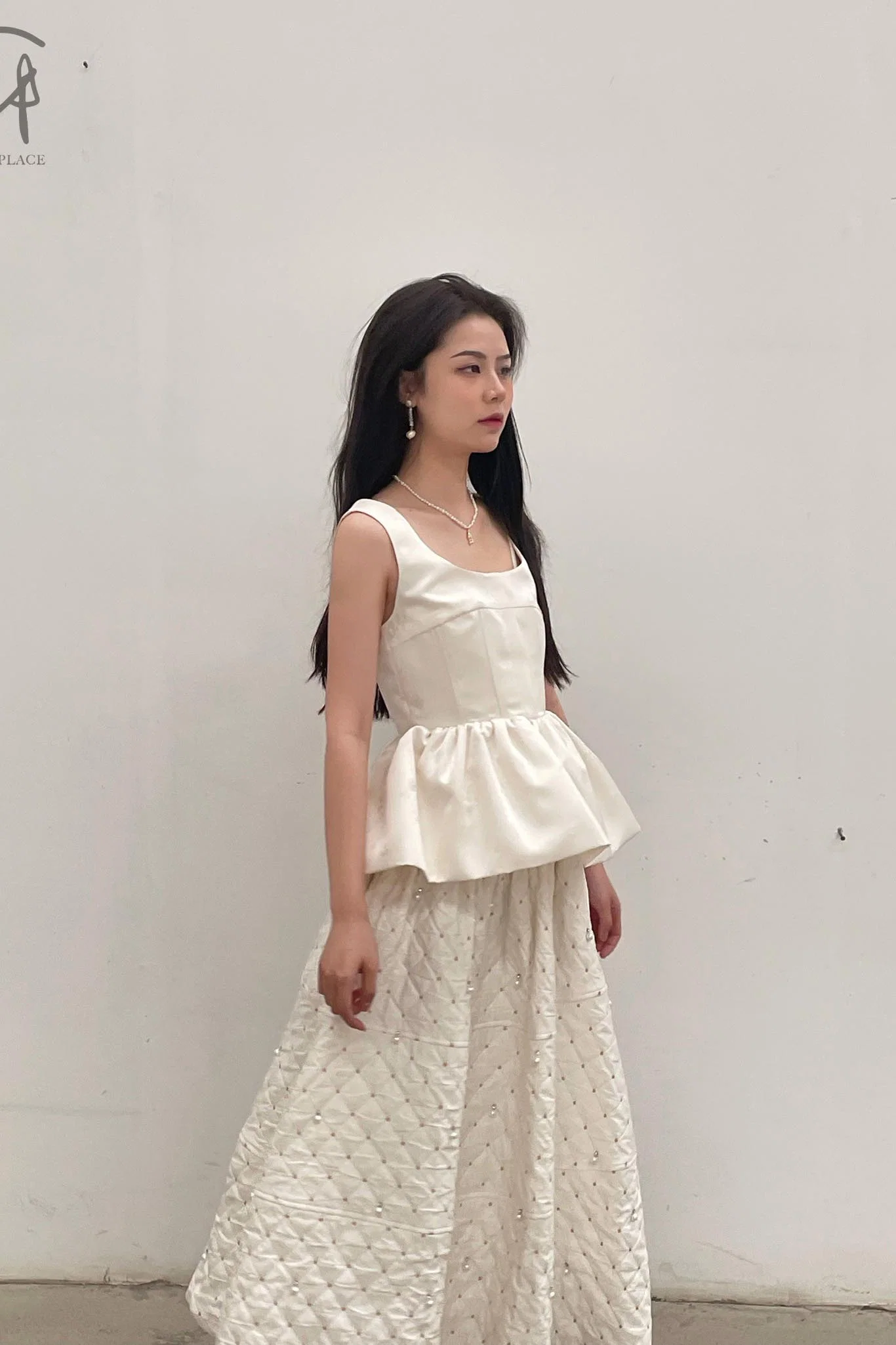 MING MA Pearl Diamond Check Jacquard Flower Bud Dress AW21 SK04-WTJAC - Image 3