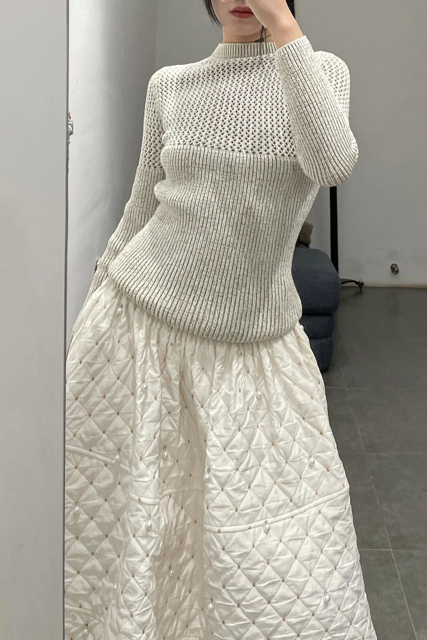MING MA Pearl Diamond Check Jacquard Flower Bud Dress AW21 SK04-WTJAC - Image 5