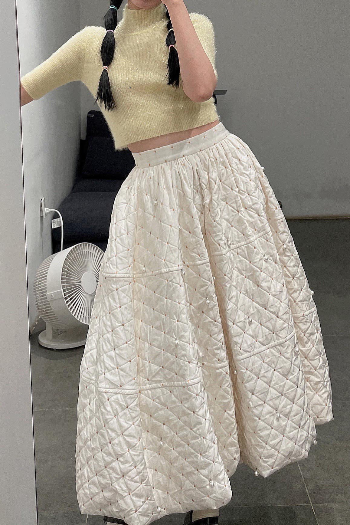 MING MA Pearl Diamond Check Jacquard Flower Bud Dress AW21 SK04-WTJAC - Image 6