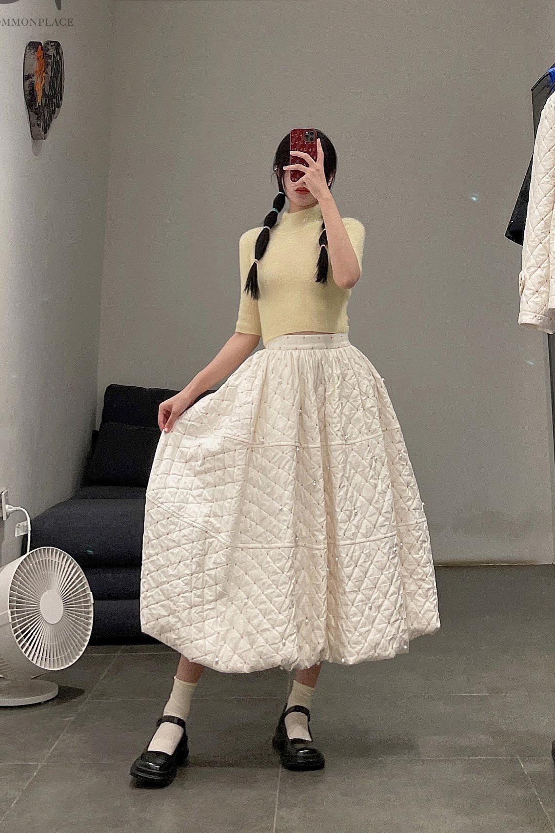 MING MA Pearl Diamond Check Jacquard Flower Bud Dress AW21 SK04-WTJAC - Image 8